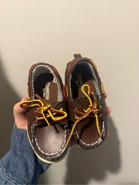 OshKosh B'gosh Brown Kids Boat Shoes with Yellow and Red Laces